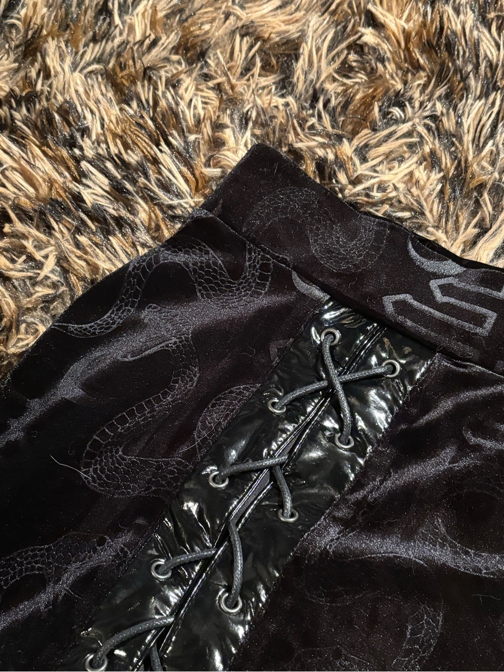Killstar Black Velvet Mini Skirt with Lace-Up Patent Panel